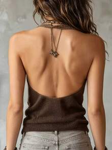SHEIN Franclia Women's Solid Color Overlap V-Neck Sexy Boho Halter Knit Top Vacation Night Out Coffee Brown Summer - Khaki - View 2