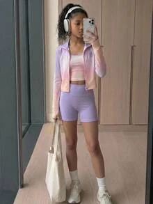 SHEIN 青少年女孩彩虹印花3件套：長袖假領拉鍊T恤、背心洋裝與單車短褲，多色套裝，適合四季穿著，專為青少年女孩設計，含3件短套裝 - 彩色 - 查看 6
