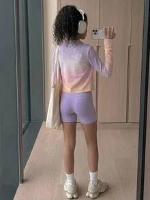 SHEIN 青少年女孩彩虹印花3件套：長袖假領拉鍊T恤、背心洋裝與單車短褲，多色套裝，適合四季穿著，專為青少年女孩設計，含3件短套裝 - 彩色 - 查看 5