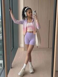 SHEIN 青少年女孩彩虹印花3件套：長袖假領拉鍊T恤、背心洋裝與單車短褲，多色套裝，適合四季穿著，專為青少年女孩設計，含3件短套裝 - 彩色 - 查看 4