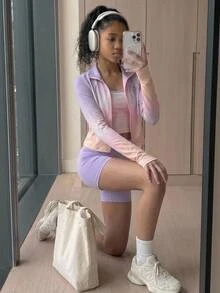 SHEIN 青少年女孩彩虹印花3件套：長袖假領拉鍊T恤、背心洋裝與單車短褲，多色套裝，適合四季穿著，專為青少年女孩設計，含3件短套裝 - 彩色 - 查看 2