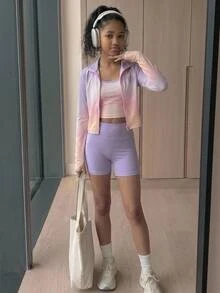 SHEIN 青少年女孩彩虹印花3件套：長袖假領拉鍊T恤、背心洋裝與單車短褲，多色套裝，適合四季穿著，專為青少年女孩設計，含3件短套裝 - 彩色 - 查看 3