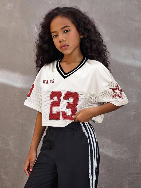 Coolane Kids Tween Girl White And Red Mesh Fabric Letter & Number Print V-Neck Cropped T-Shirt,Summer Back-To-School Baseball Streetwear,Y2K Style