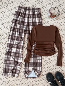 SHEIN 青少年女孩拼色休閒簡約時尚百搭日常上學套裝 秋冬款 - 黃色 - 查看 2