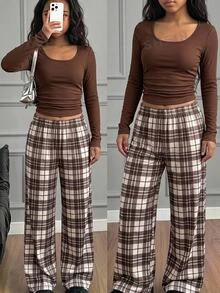 SHEIN 青少年女孩拼色休閒簡約時尚百搭日常上學套裝 秋冬款 - 黃色 - 查看 3