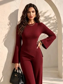 Xyvia Setelan Dua Potong Rajut Bergaris Lengan Lonceng Leher Bulat Kancing Logam untuk Wanita Musim Gugur/Dingin, Belahan Bawah, Celana Panjang Model Melebar, Warna Merah, Elegan untuk Perjalanan - Burgundy - View 5