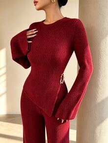 Xyvia Setelan Dua Potong Rajut Bergaris Lengan Lonceng Leher Bulat Kancing Logam untuk Wanita Musim Gugur/Dingin, Belahan Bawah, Celana Panjang Model Melebar, Warna Merah, Elegan untuk Perjalanan - Burgundy - View 4