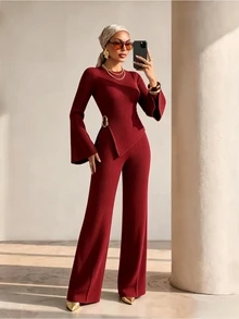 Xyvia Setelan Dua Potong Rajut Bergaris Lengan Lonceng Leher Bulat Kancing Logam untuk Wanita Musim Gugur/Dingin, Belahan Bawah, Celana Panjang Model Melebar, Warna Merah, Elegan untuk Perjalanan - Burgundy - View 8