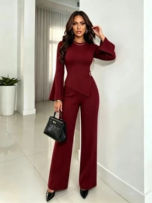 Xyvia Setelan Dua Potong Rajut Bergaris Lengan Lonceng Leher Bulat Kancing Logam untuk Wanita Musim Gugur/Dingin, Belahan Bawah, Celana Panjang Model Melebar, Warna Merah, Elegan untuk Perjalanan - Burgundy - View 6