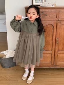 DAZY Young Girl Casual Solid Color Mesh Patchwork Dress, Autumn - Green - View 4