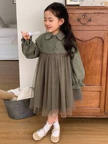 DAZY Young Girl Casual Solid Color Mesh Patchwork Dress, Autumn - Green - View 5