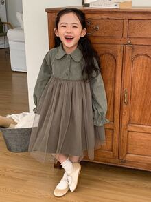 DAZY Young Girl Casual Solid Color Mesh Patchwork Dress, Autumn - Green - View 6