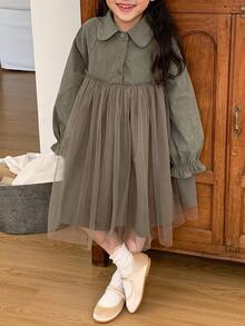 DAZY Young Girl Casual Solid Color Mesh Patchwork Dress, Autumn - Green - View 10