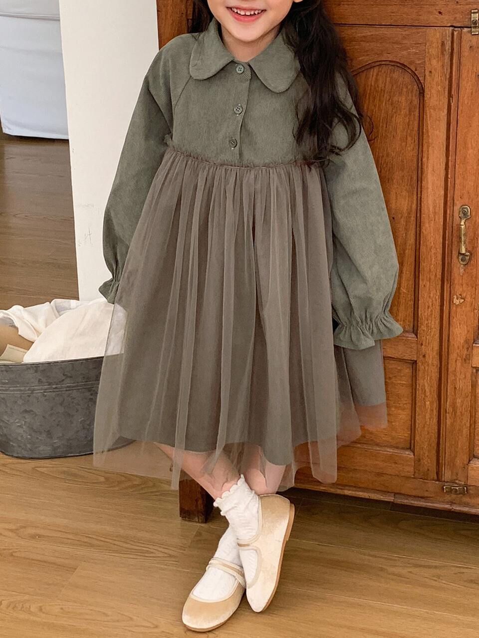 Young Girl Casual Solid Color Mesh Patchwork Dress, Autumn