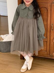 DAZY Young Girl Casual Solid Color Mesh Patchwork Dress, Autumn - Green - View 7