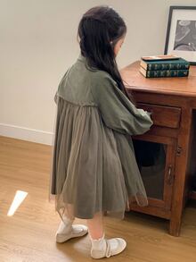 DAZY Young Girl Casual Solid Color Mesh Patchwork Dress, Autumn - Green - View 3