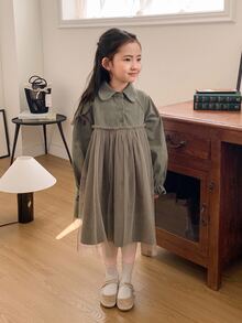 DAZY Young Girl Casual Solid Color Mesh Patchwork Dress, Autumn - Green - View 2
