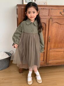 DAZY Young Girl Casual Solid Color Mesh Patchwork Dress, Autumn - Green - View 8