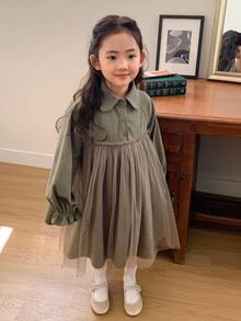 DAZY Young Girl Casual Solid Color Mesh Patchwork Dress, Autumn - Green - View 1