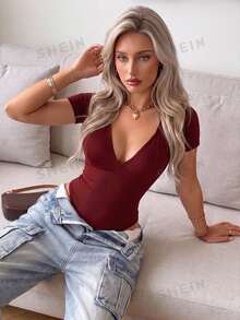 SuitURBody 1件歐美風新款性感辣妹深V領短袖修身連身褲附丁字褲 - 酒紅色 - 查看 4