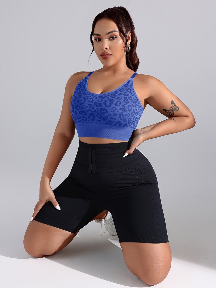 SHEIN Rhythm Era Plus Size Women's Daily Gym Sports Fitness Leopard Print Sports Bra Baby Blue Summer - Sky Blue - View 5