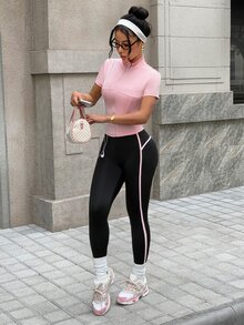 SHEIN Unity 大码女式撞色滚边运动紧身裤 - 黑色 - 查看 8