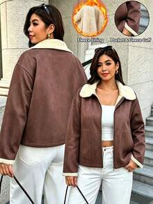 Easura Jaket Ritsleting Minimalis Elegan Berlapisan Termal untuk Wanita Ukuran Besar Musim Gugur/Dingin - Coklat - View 7