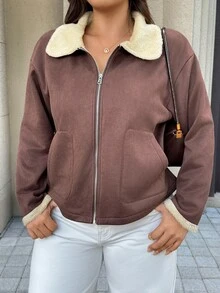 Easura Jaket Ritsleting Minimalis Elegan Berlapisan Termal untuk Wanita Ukuran Besar Musim Gugur/Dingin - Coklat - View 6