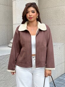 Easura Jaket Ritsleting Minimalis Elegan Berlapisan Termal untuk Wanita Ukuran Besar Musim Gugur/Dingin - Coklat - View 8