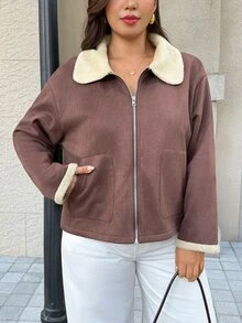 Easura Jaket Ritsleting Minimalis Elegan Berlapisan Termal untuk Wanita Ukuran Besar Musim Gugur/Dingin - Coklat - View 5