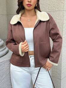 Easura Jaket Ritsleting Minimalis Elegan Berlapisan Termal untuk Wanita Ukuran Besar Musim Gugur/Dingin - Coklat - View 4
