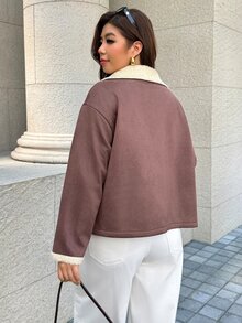 Easura Jaket Ritsleting Minimalis Elegan Berlapisan Termal untuk Wanita Ukuran Besar Musim Gugur/Dingin - Coklat - View 2