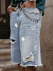 Manfinity EMRG Men's Young Street Style Light Blue Star Print Distressed Raw Hem Denim Shorts - Light Wash - View 4