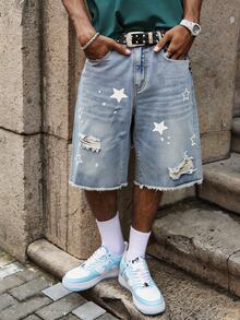 Manfinity EMRG Men's Young Street Style Light Blue Star Print Distressed Raw Hem Denim Shorts - Light Wash - View 7