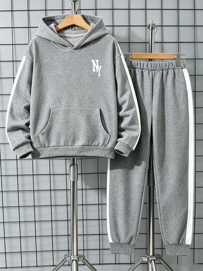 Teen Boys Pure Black Thick Outdoor Hooded Drop Shoulder Sweatshirt And Fashion Casual Sports Jogger Sweatpants 2 Pieces Set