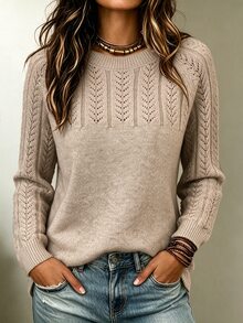 SHEIN Women's Solid Color Hollow Out Round Neck Long Sleeve Casual Pullover Sweater - Khaki - View 1