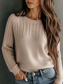 SHEIN Women's Solid Color Hollow Out Round Neck Long Sleeve Casual Pullover Sweater - Khaki - View 3