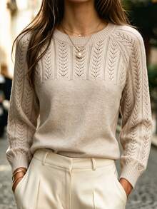 SHEIN Women's Solid Color Hollow Out Round Neck Long Sleeve Casual Pullover Sweater - Khaki - View 9