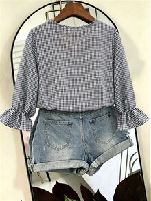 EMERY ROSE Blus Ukuran Besar dengan Lengan Mengembang Motif Kotak-kotak, Atasan Kasual Longgar Bertekstur Kotak-kotak untuk Musim Gugur - Biru - View 4