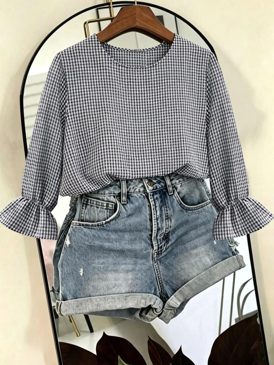 EMERY ROSE Blus Ukuran Besar dengan Lengan Mengembang Motif Kotak-kotak, Atasan Kasual Longgar Bertekstur Kotak-kotak untuk Musim Gugur - Biru - View 1