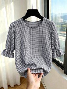 EMERY ROSE Blus Ukuran Besar dengan Lengan Mengembang Motif Kotak-kotak, Atasan Kasual Longgar Bertekstur Kotak-kotak untuk Musim Gugur - Biru - View 6