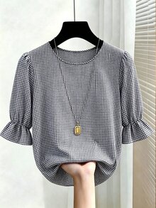 EMERY ROSE Blus Ukuran Besar dengan Lengan Mengembang Motif Kotak-kotak, Atasan Kasual Longgar Bertekstur Kotak-kotak untuk Musim Gugur - Biru - View 3