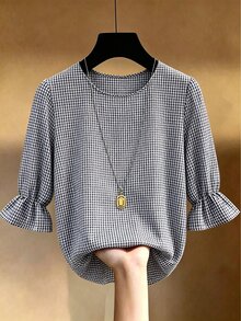 EMERY ROSE Blus Ukuran Besar dengan Lengan Mengembang Motif Kotak-kotak, Atasan Kasual Longgar Bertekstur Kotak-kotak untuk Musim Gugur - Biru - View 5