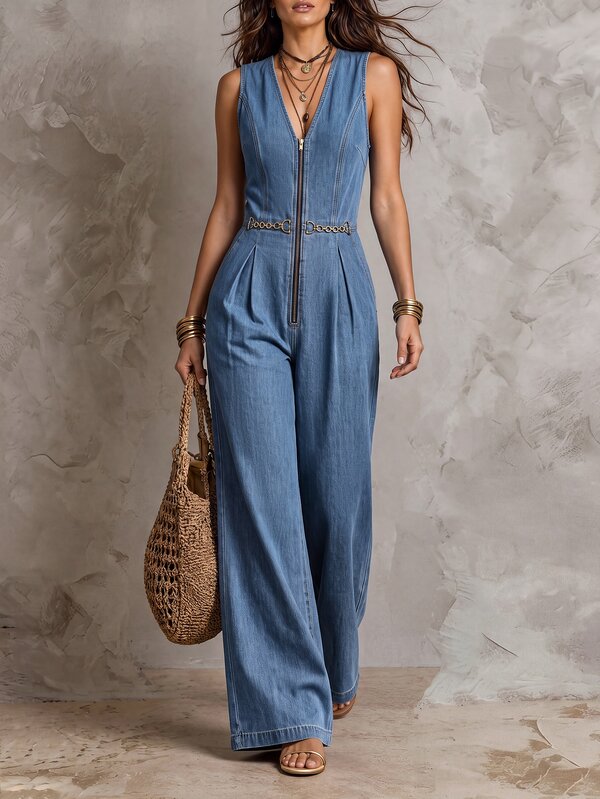 Balvessa Women's V-Neck Casual Daily Denim Jumpsuit