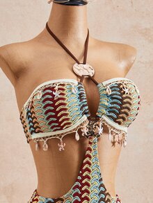 Bonvoyette 2026ss Blue And Brown Textured Jacquard Boho Tropical Beaded Chain Cute Sweet Vacation Casual Beach Vacation Seaside Women One-Piece Summer - Multicolor - View 6