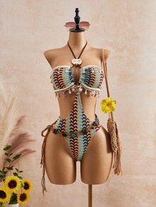 Bonvoyette 2026ss Blue And Brown Textured Jacquard Boho Tropical Beaded Chain Cute Sweet Vacation Casual Beach Vacation Seaside Women One-Piece Summer - Multicolor - View 2