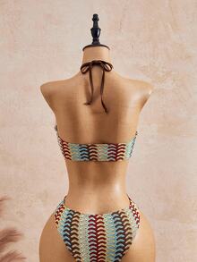 Bonvoyette 2026ss Blue And Brown Textured Jacquard Boho Tropical Beaded Chain Cute Sweet Vacation Casual Beach Vacation Seaside Women One-Piece Summer - Multicolor - View 3