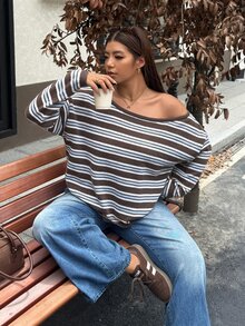 Muchica Spring/Autumn Casual Retro Vintage 70s Brown Striped Dropped Shoulder Loose Sweater Diagonal Shoulder For Warmth And Comfort For Women Night Holiday - Multicolor - View 4