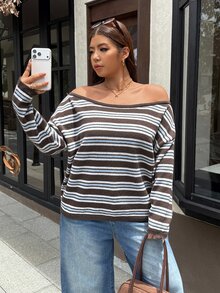 Muchica Spring/Autumn Casual Retro Vintage 70s Brown Striped Dropped Shoulder Loose Sweater Diagonal Shoulder For Warmth And Comfort For Women Night Holiday - Multicolor - View 6