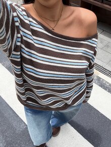 Muchica Spring/Autumn Casual Retro Vintage 70s Brown Striped Dropped Shoulder Loose Sweater Diagonal Shoulder For Warmth And Comfort For Women Night Holiday - Multicolor - View 8